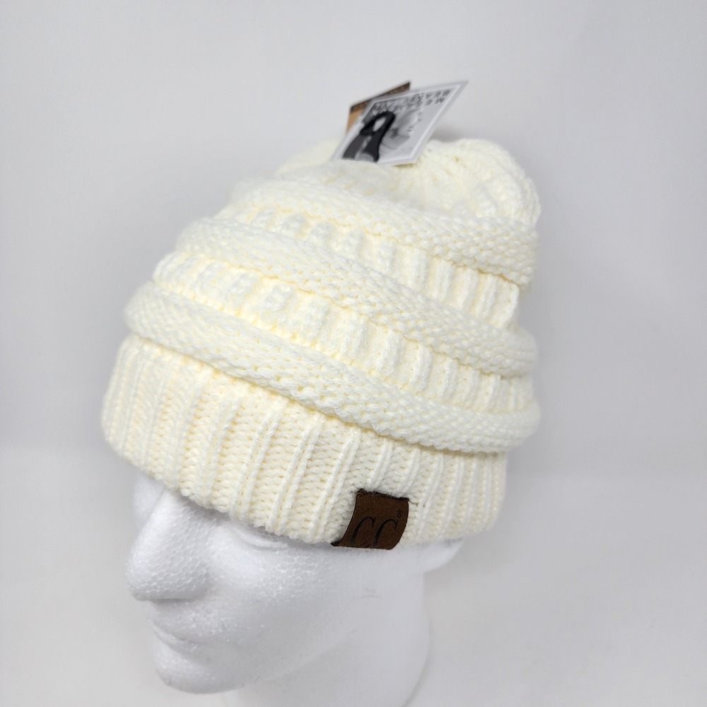 C.C Exclusive Beanie Women's OS Ivory Messy Bun Ponytail Ribbed Knit
